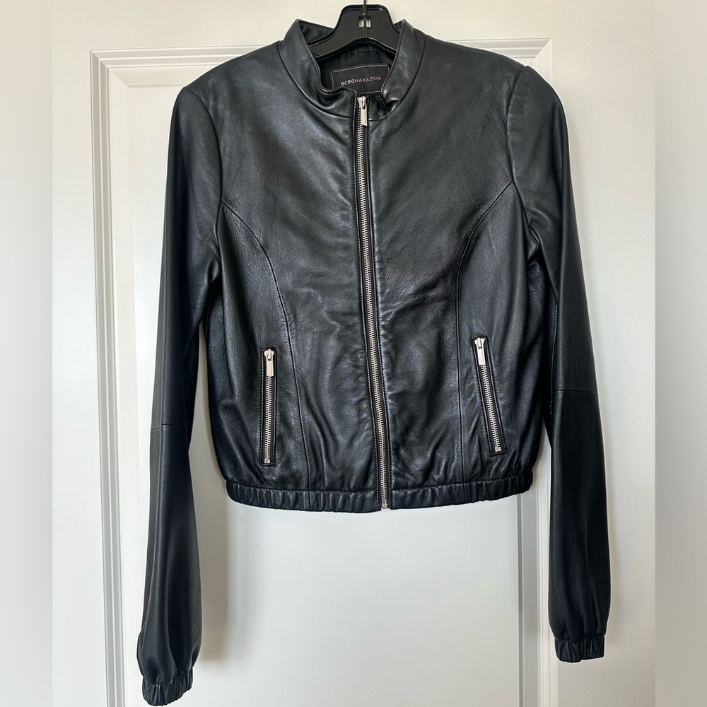 BCBG MAXAZRIA 100% Leather Motorcycle Jacket with silver zippers